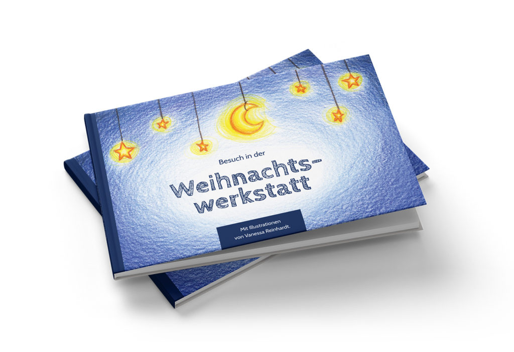 Buch-Gestaltung/Illustrationen (Cover) für mein Kinderbuch "Besuch in der Weihnachtswerkstatt"