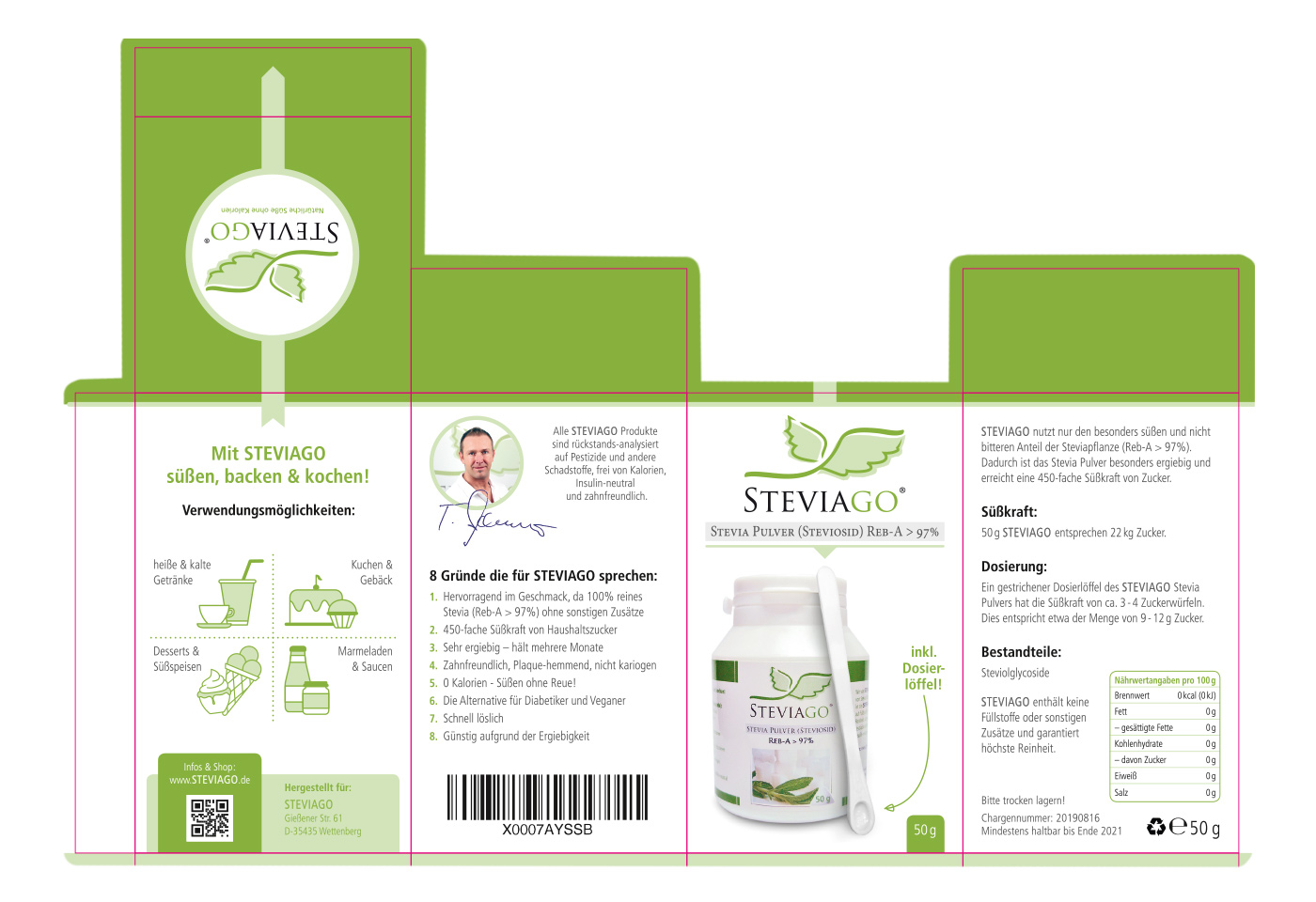 Verpackungsdesign (Stanzform) und Illustrationen für Verwendungsmöglichkeiten - STEVIAGO (Stevia Pulver)