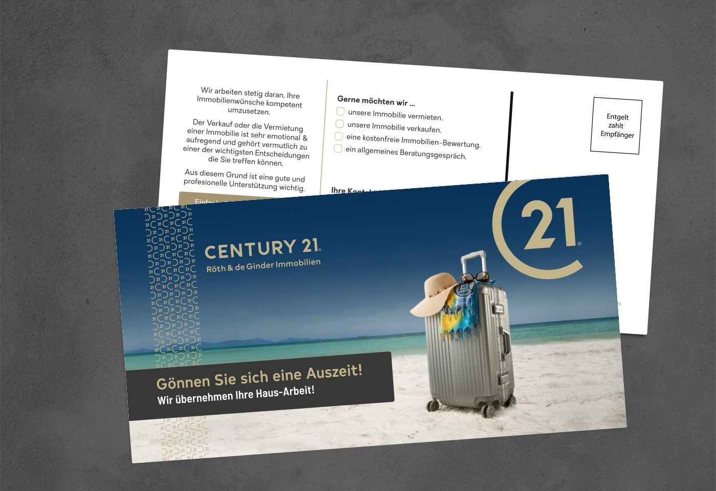Printmedien "Einwertungsflyer" für neu eröffnetes gießener Maklerbüro "C21 - Röth & de Ginder Immobilien" am Marktplatz Gießen
